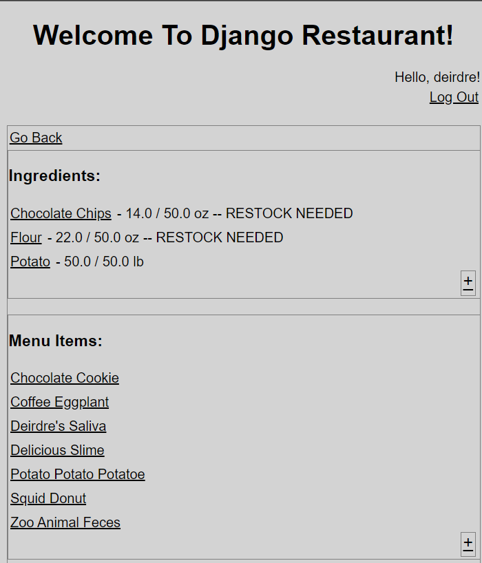 Django Restaurant Inventory Screen